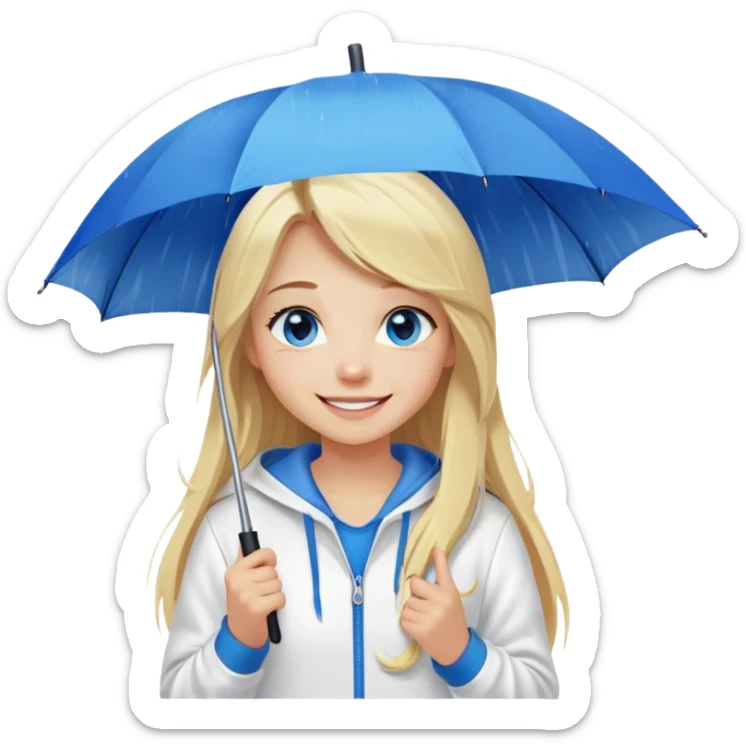 Cinematic realistic emojis in the form of a blonde girl with a joyful smile, long hair, blue eyes, wearing a white hoodie, holding an umbrella over her from the rain sticker