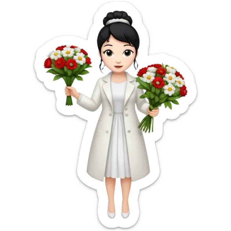 Chica blanca,cuerpo entero, vestido fiesta blanco ,manga larga ,con abrigo blanco ,pelo negro,    ramo de flores una mano, pelo recogido en moño alto sticker