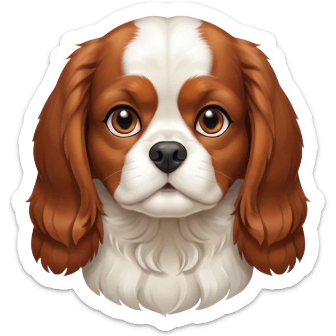 Cinematic Noble Blenheim Cavalier King Charles Spaniel Portrait Emoji, Poised and regal, with a graceful, medium build and a well-groomed Blenheim coat featuring rich chestnut and white markings, soulful brown eyes, Simplified yet sharp and sophisticated features, highly detailed, glowing with a soft, dignified glow, high shine, intelligent and affectionate, stylized with an air of elegance, focused and attentive, soft glowing outline, capturing the essence of a watchful and refined companion, so majestic it feels as though it could step out of the screen with effortless authority! sticker