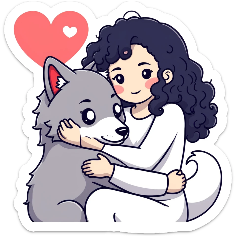 Black curly hair white skin girl hugging one big wolf with hearts above them sticker