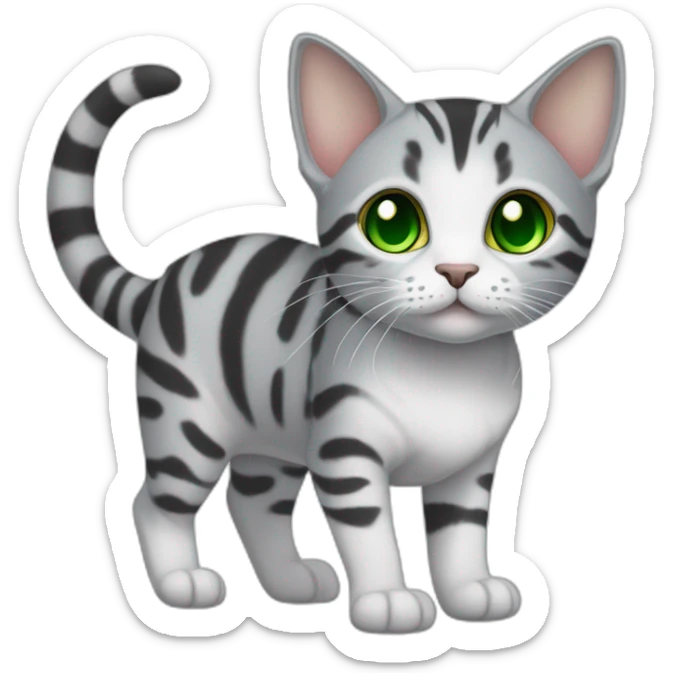 cuddly light white and grey domestic shorthair tabby with green and blue eyes black pupils, walking and playing wearing a cute costume female sticker