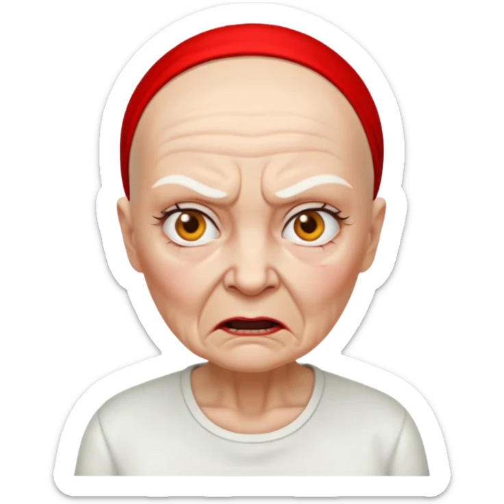 a portrait of angry elderly woman, bald head, wearing shirt sticker
