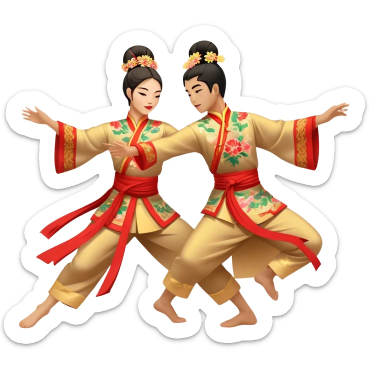Cinematic Realistic scene of two performers executing a traditional Vietnamese folk dance, adorned in intricately patterned traditional costumes, captured in fluid motion with soft, culturally rich lighting sticker