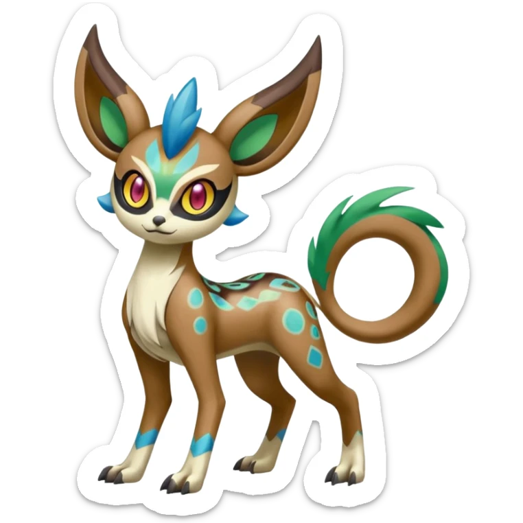 Tribal Colorful Exotic Fionbri-Kalon-Falvie-Vernid-Meloetta-Pokémon-Fakémon-Digimon-Spectrobe-hybrid-fusion, full body, with painted paint splash markings  sticker