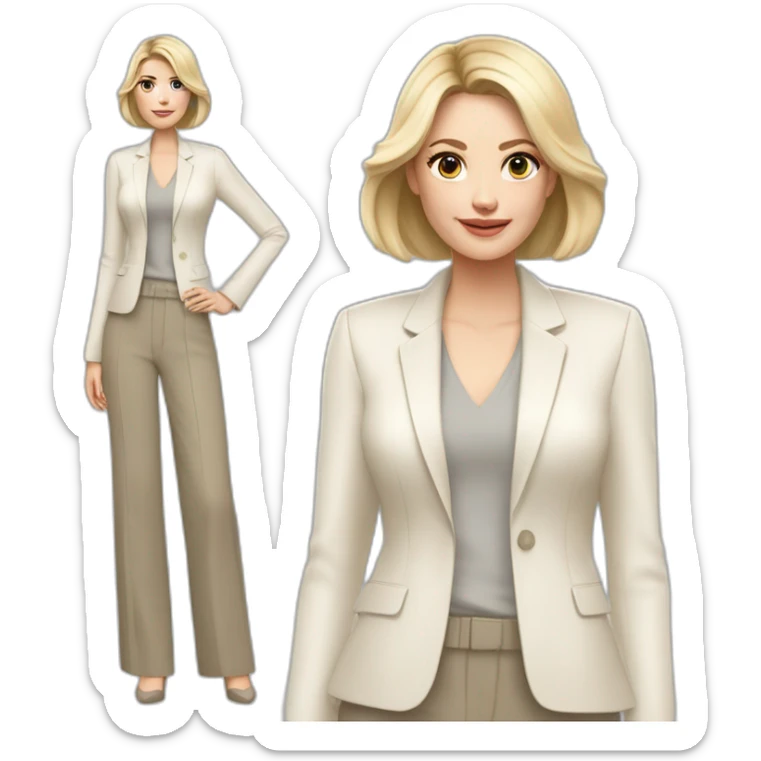 Full height Actively gesturing with hands pale skin woman with ash blonde Straightened bob Hair, White Spacious classical jacket, beige palazzo Arrow pants and gray blouse sticker