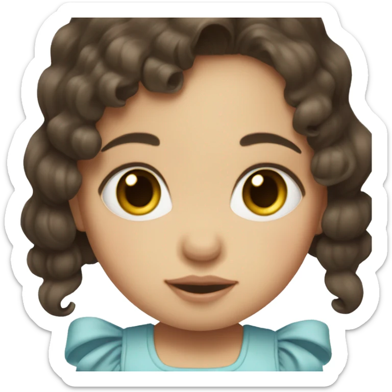 Baby with short, wavy, dark brown hair. Big blue eyes and beige bow in hair sticker