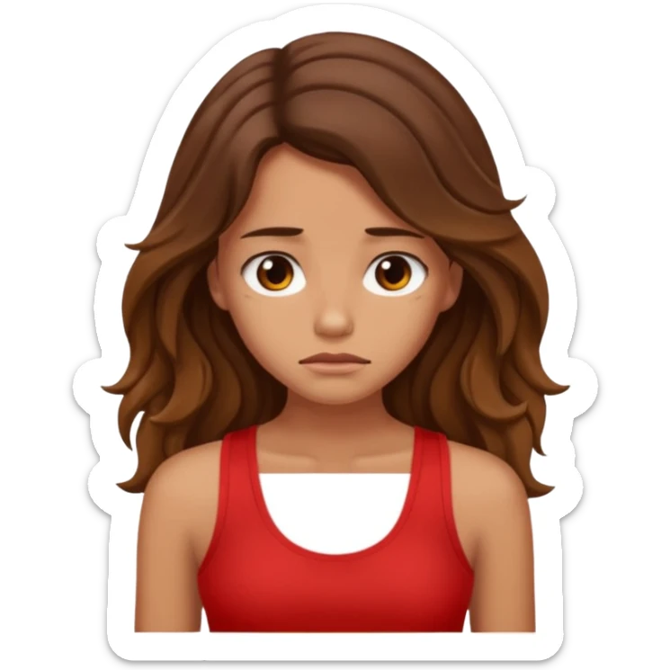 generate a pretty tan bratz girl with brown wavy hair long wearing a red tank top looking sad sticker