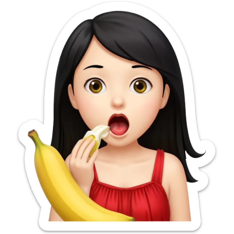 a girl with black hair and red dress rinsing mouth with pale yellow water coming out from a banana from her above sticker