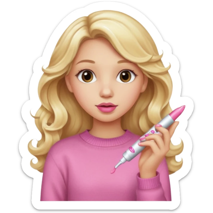 A long curled blonde haired  young girl with a pink sweater and holding a lip gloss sticker