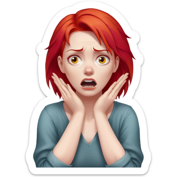 of a white woman with bright red hair, visibly distressed and clutching her neck with both hands, her face conveying a strong sense of panic and fear sticker
