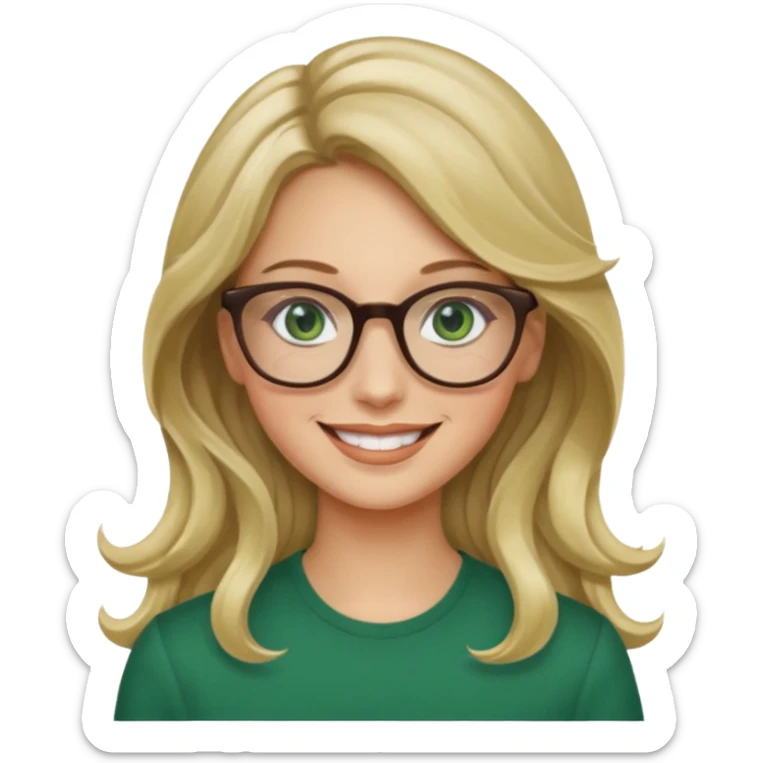 long wavy darker blonde hair woman with green eyes and glasses smiling sticker