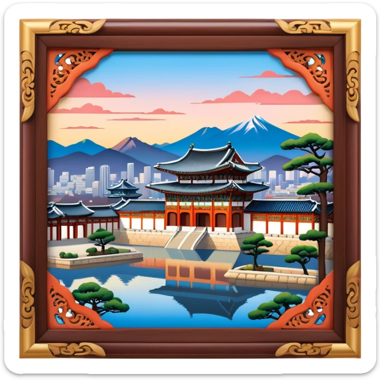 Cinematic Realistic Gyeongbokgung Palace Landmark Emoji, rendered with traditional Korean architecture, ornate wooden carvings, and vibrant colors, set against the backdrop of modern Seoul with soft evening light. sticker