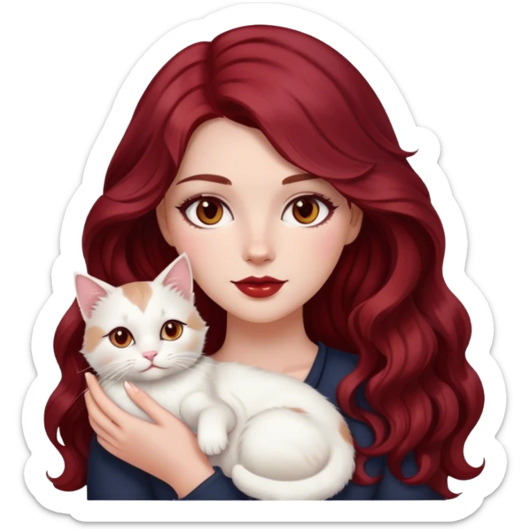 a white girl with soft makeup dark red cherry long wavy hair brown eyes hold a white cat sticker