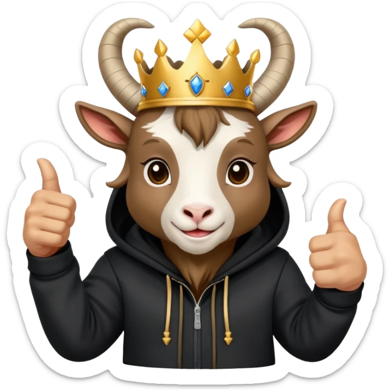 Goat with horns wearing black hoodie and a royal crown thumbup sticker