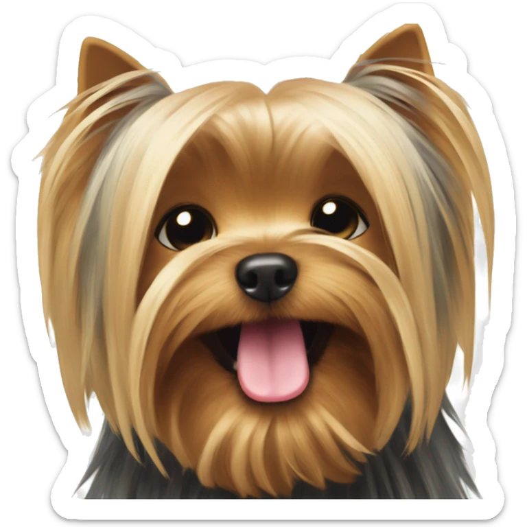 Yorkshire Terrier, very long hair covering his eyes, smiling, tongue out, blinking  sticker