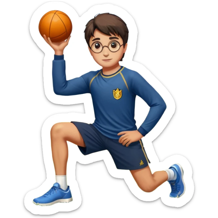 Harry Potter is in sports clothes doing morning exercises, he is in the field before his magic school sticker