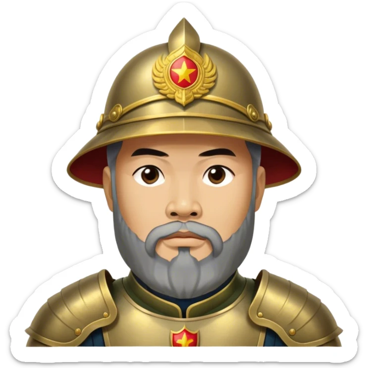 ​Cinematic Realistic Portrait of Trần Hưng Đạo, depicted as a revered Vietnamese general with his characteristic traditional Vietnamese beard and historic armor, his determined gaze illuminated by dramatic historical lighting that evokes his legendary martial spirit and leadership, sticker