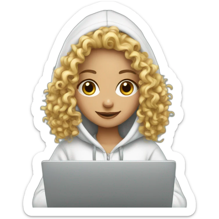 a white tenage curly girl wearing a hoodie working on a laptop sticker