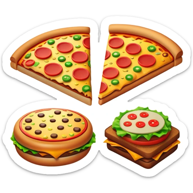 Clash of Clans aesthetic: Cinematic Playful Pixel 3D Food (Pizza, Burger, Apple) Portrait Emoji, rendered in a 3D vector-style similar to standard emojis with minimal shading and bold, simplified shapes. A compact, distinct form with signature details, softly glowing with a pixelated adventure charm. Simplified yet unmistakably iconic, highly detailed and consistent, glowing with a soft radiance and high shine. Stylized with a touch of classic pixel-art charm and a soft glowing outline, capturing the essence of a beloved gaming relic with a friendly, playful manner! sticker