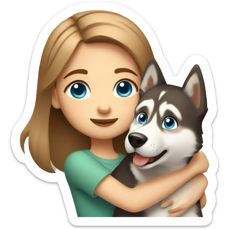 a girl with blue eyes and light-brown hair hugs a husky dog ​​with brown eyes sticker