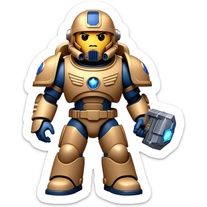 Clash of Clans aesthetic: Cinematic Playful Space Marine Hero Emoji, rendered in a 3D vector-style similar to standard emojis with minimal shading and bold, simplified shapes. A compact, heroic isometric figure clad in futuristic power armor with signature energy accents, softly glowing with a cosmic battle charm. Simplified yet unmistakably iconic, highly detailed and consistent, glowing with a soft radiant shine and high gloss. Stylized with a touch of interstellar valor and a soft glowing outline, capturing the essence of an elite space warrior with a friendly, playful manner! sticker