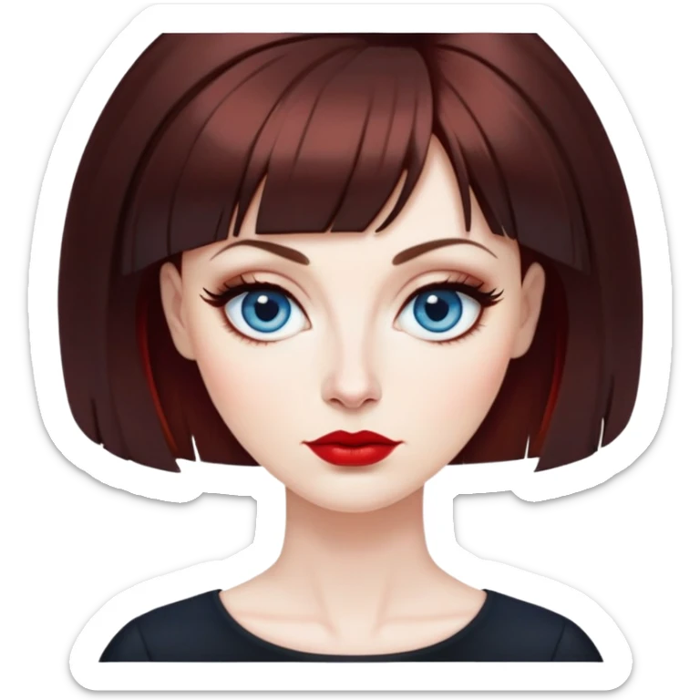 Artistic woman in her 40s with pale skin, oval face, large blue eyes with eyeliner, thin eyebrows, small nose, red lipstick, dark auburn hair with bangs, wearing a black top, mature creative expression sticker