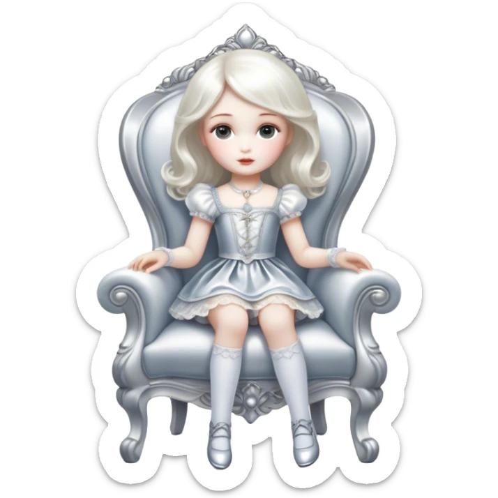 Cinematic and Ultra realistic 32k HD hauntingly beautiful porcelain doll sitting in a chair, Balanced features, highly detailed, glowing with silver light, high shine, remembrance, a painting of white silver, fanciful, enchanting. The image is so lifelike it could leap off the canvas at any moment sticker