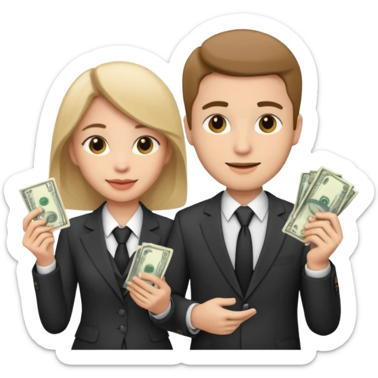 Una pareja (chico y chica de 28 años) vestidos con traje profesional y con dinero sticker