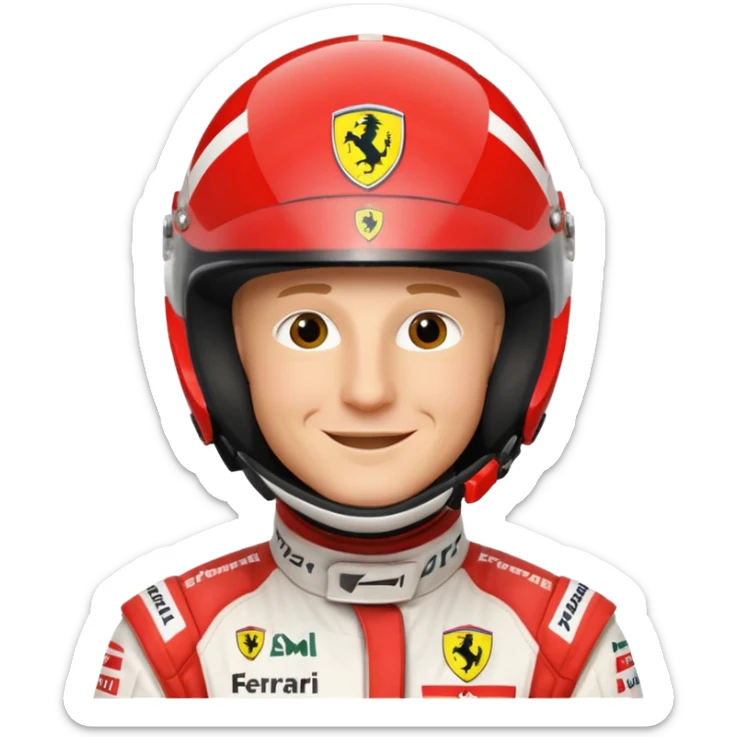 Close-up of Michael Schumacher wearing a Ferrari F1 2004 racing suit, smiling, helmet visible, red and white details, emoji style sticker