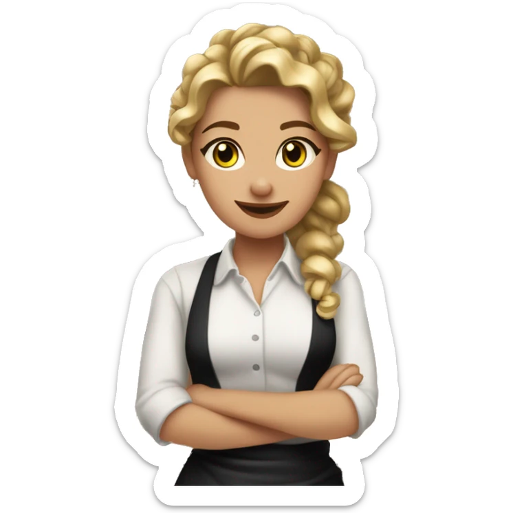 Waitress with white shirt and black apron, curly dirty-blonde hair in a pony tail, hazel eyes, LOTS of bohemian jewelry and bracelets  sticker