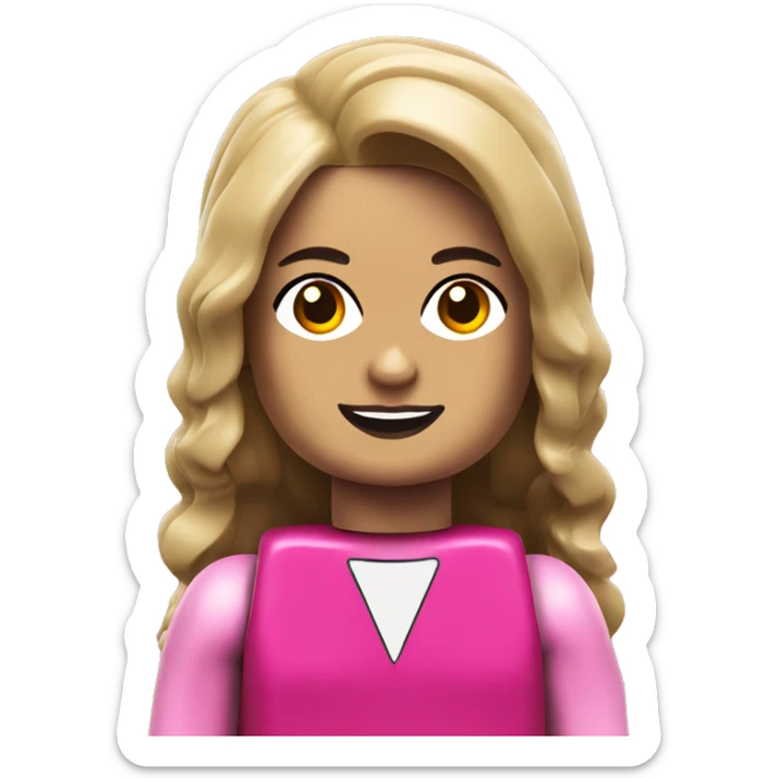 A lego woman, long hair, and dressed in pink, smiling sticker