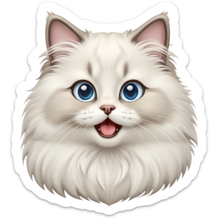 cinematic-adorable-big-eyed-fluffy-ragdoll-cat-portrait-emoji,-head-tilted-playfully-with-a-cute,-exaggerated-yawn,-white and grey fur,-simplified-yet-irresistibly-cute-features, blue eyes sticker