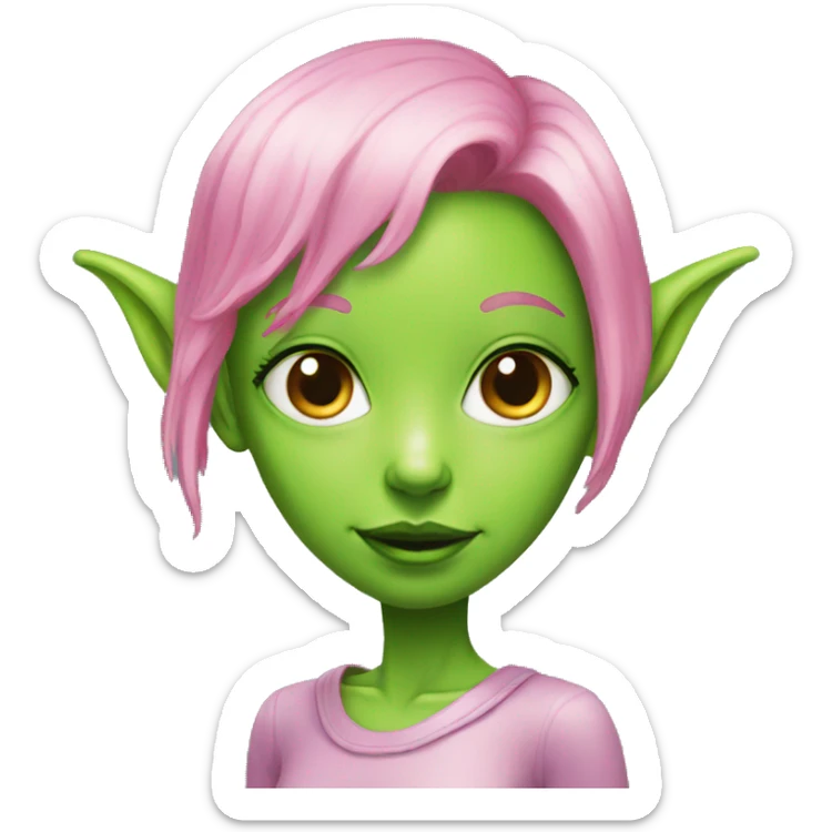 green alien girl with elf ears and pink hair sticker