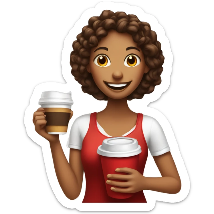 happy girl with coffee in a red cup in one hand and dessert in another  sticker
