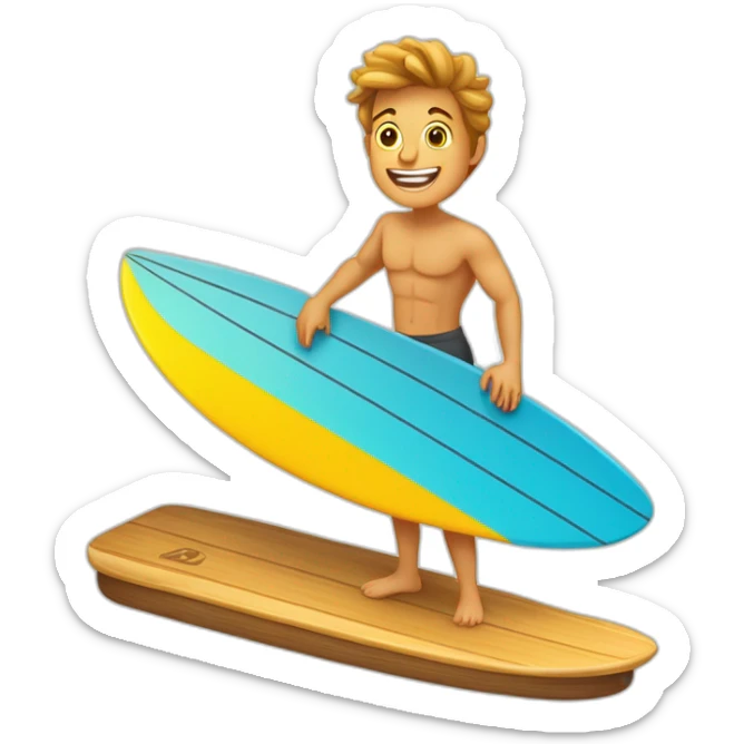 photocopieur de type cartoon qui serait une mascotte en train de prendre une belle vague sur une planche de surf avec un beau soleil sticker