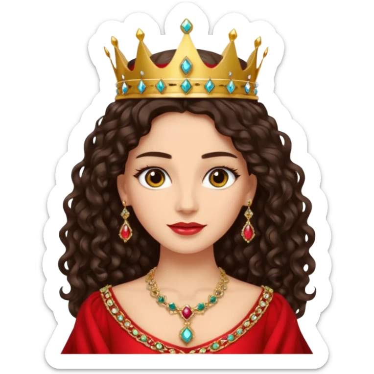 Queen with long dark curly hair, dark brown eyes, light olive skin tone. can you make the skin tone lighter? sticker