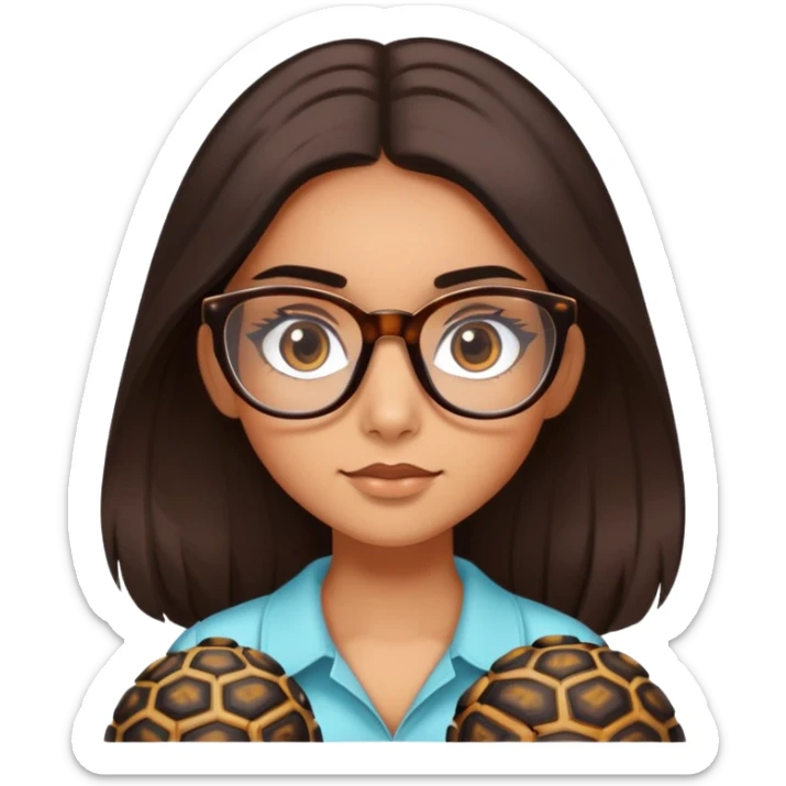 a slight tan girl with long,silky, SHINY dark brown hair, dark brown eyes and brows long thick lashes and glasses with a colour of tortoise shell sticker