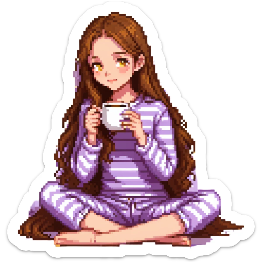 girl with long brown hair sipping coffee in purple striped pajamas sticker