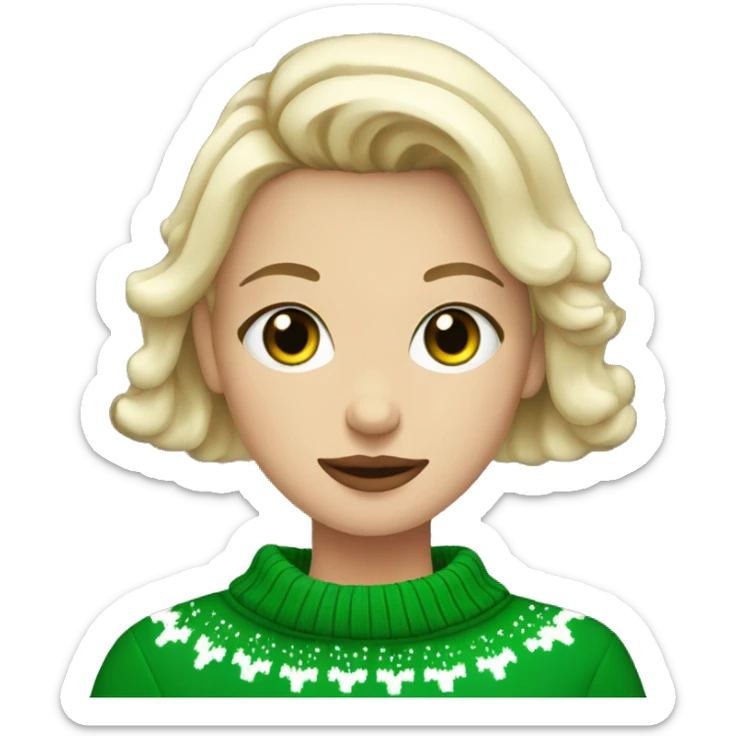 Short haired blonde girl with green eyes drinking coffee wearing Christmas sweater sticker