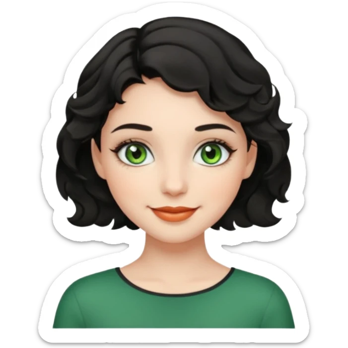 a girl with green eyes, short black wavy hair, natural clean girl makeup sticker