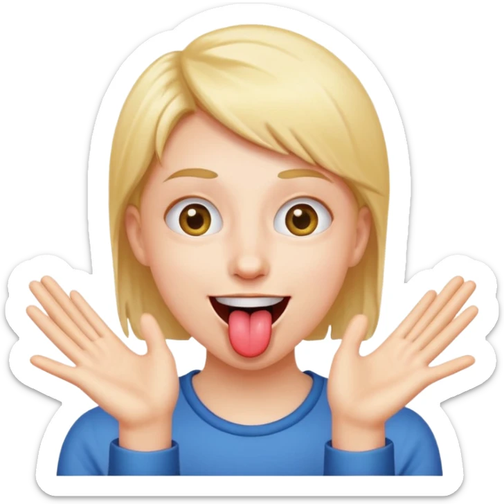 pessoa fazendo careta, com sorriso divertido, língua pra fora e mãos abertas próximas ao rosto sticker