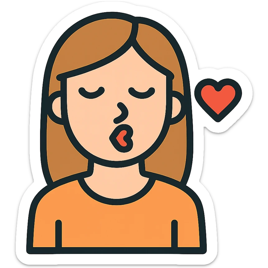 icon of a young woman with light brown, straight hair giving a kiss to the screen, stylized and easy to recognize, minimal and clear design sticker