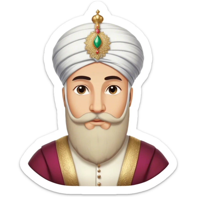 ​Cinematic Realistic Portrait of Suleiman the Magnificent, depicted as a regal Ottoman sultan adorned with a large, white, round, tall turban and a majesti beard, his commanding gaze bathed in warm, historic lighting that exudes timeless authority and grandeur, sticker