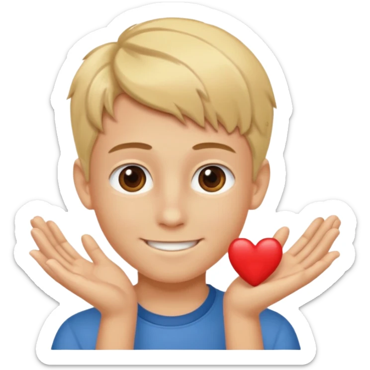 Un garçon blond aux yeux marrons de 13 ans qui tient avec ses mains un L avec des cœurs autour de son visage sticker