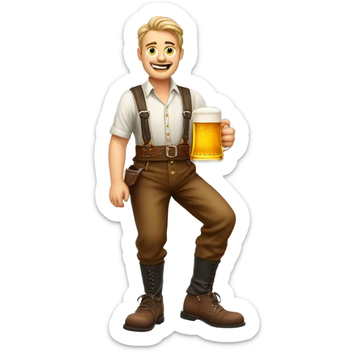 German man wearing Lederhosen, suspenders, haferl shoes holding a pint of beer in the hands sticker
