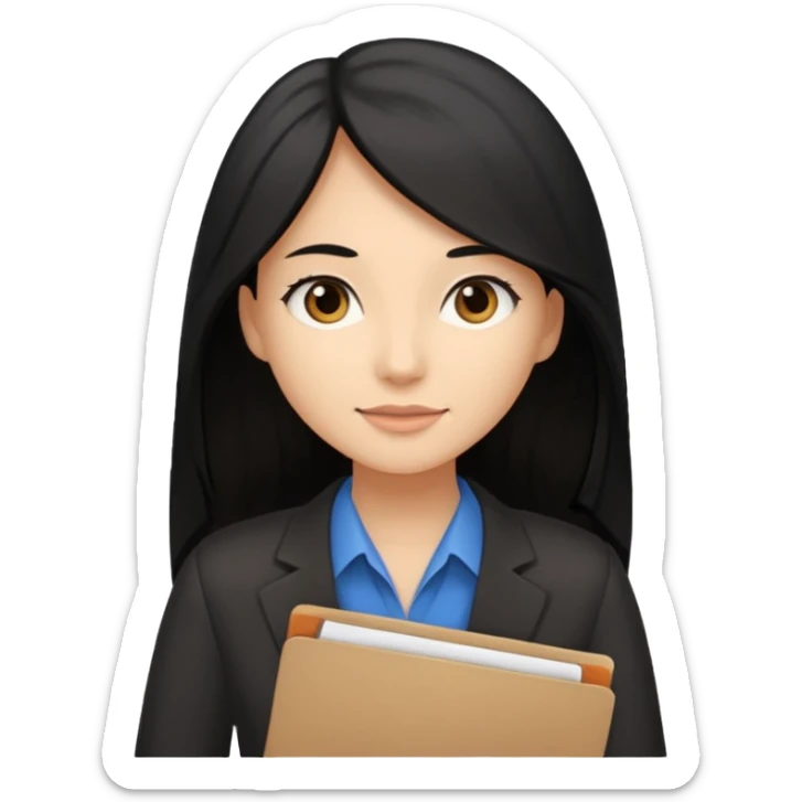 a light tan woman with long black hair past mid-back, round brown eyes and manila folder in her hands sticker