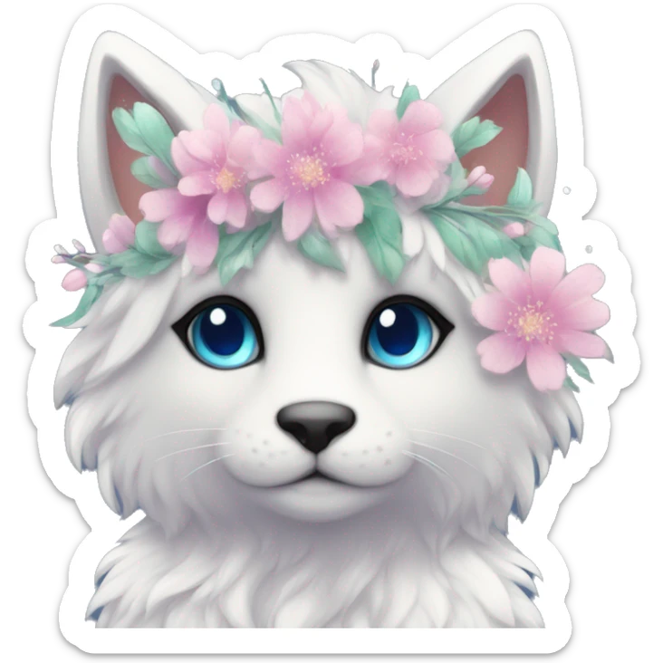 Anthro Cute Cool Kawaii gorgeous sparkly ethereal fantasy animal creature with blue eyes furry sona with flowers beautiful aesthetic sticker