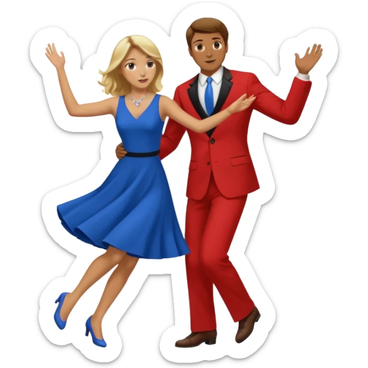 Two people. Man wearing all  RED with brown hair. Women  ALL blue with blond hair. Swing Dancing.  sticker