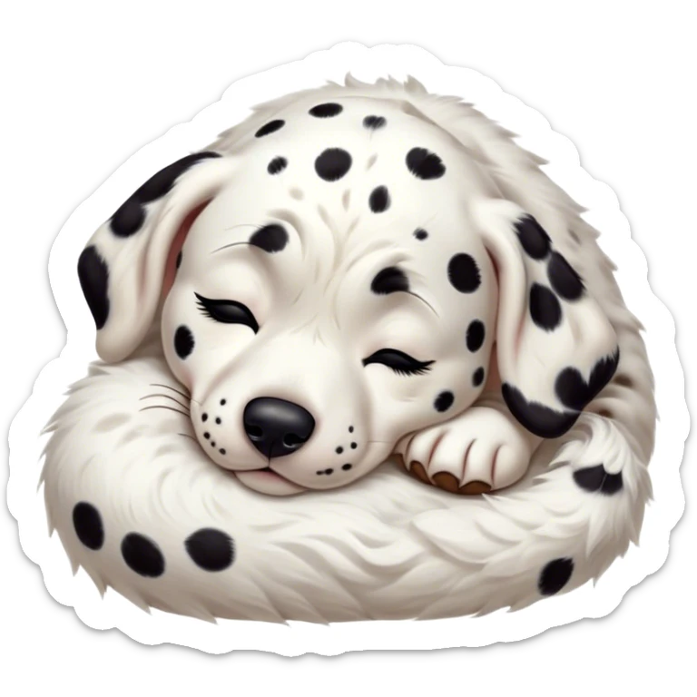 Meme-Worthy Cute Sleeping Spotted Dalmatian Portrait Emoji, Head resting peacefully with a contented smile, showcasing a delightfully majestic build and a luxuriously soft Fur of predominantly white with bold black patches, eyes shut in a serene nap, Simplified yet hilariously adorable features, highly detailed, glowing with a soft, drowsy light, high shine, relaxed and utterly lovable, stylized with an air of playful laziness, bright and heartwarming, soft glowing outline, capturing the essence of a comically sleepy guardian, so meme-worthy it feels like it could instantly become the next viral sensation of adorable slumber! sticker