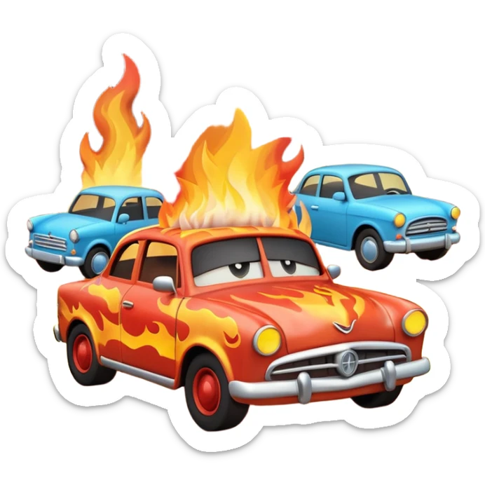 A 3D cartoon scene of cars on fire with smoke rising, chaotic atmosphere, realistic lighting, Memoji-style. sticker